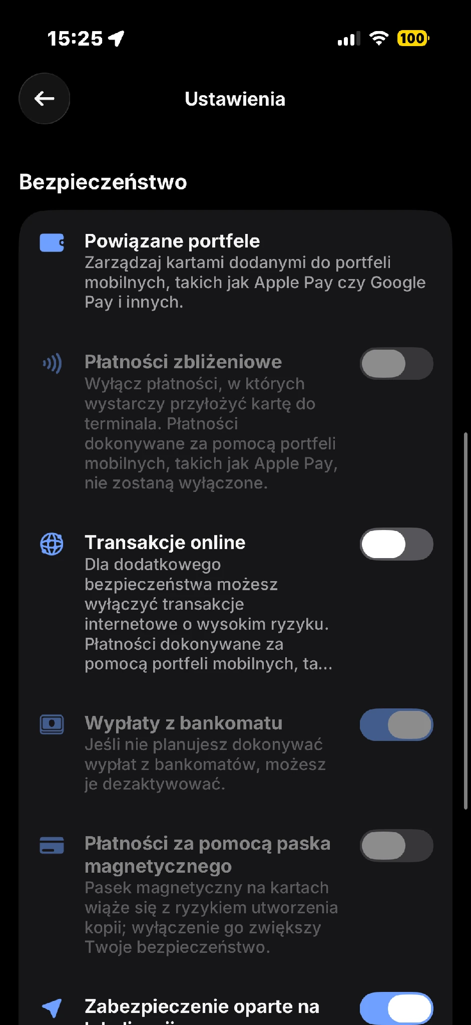 Ustawienia Klasycznej po przewinięciu: powiązane portfele i przełączniki rodzajów transakcji. Drugi fragment, częściowo pokrywający się z kolejnym.