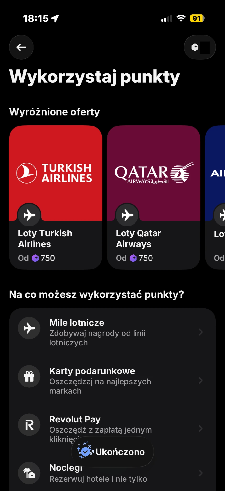 Ekran Wykorzystaj punkty z rzeczywistym saldem w prawym górnym rogu, ofertami i kategoriami: Mile lotnicze, Karty podarunkowe, Revolut Pay, Noclegi. Saldo zasłonięte.