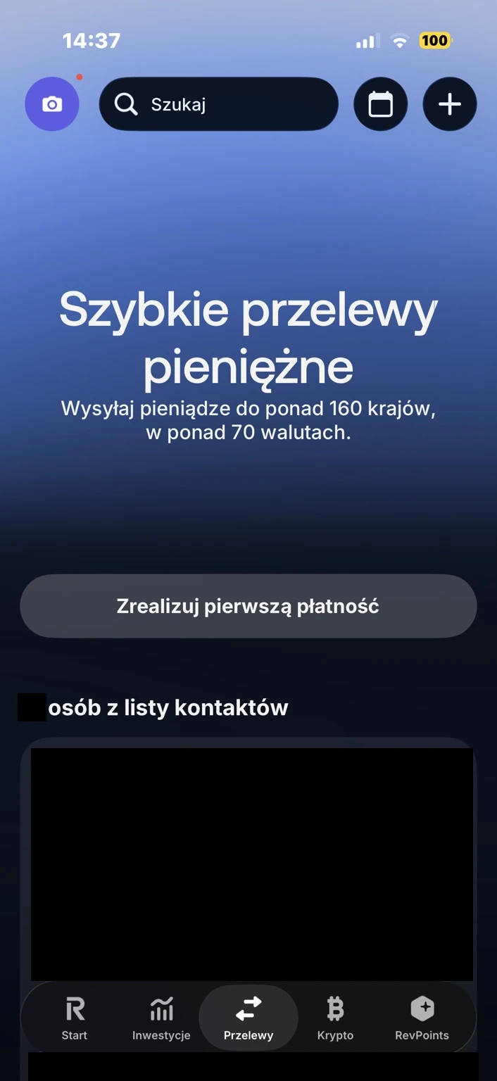 Ekran Przelewy z przyciskiem dodawania płatności i zasłoniętą listą kontaktów.