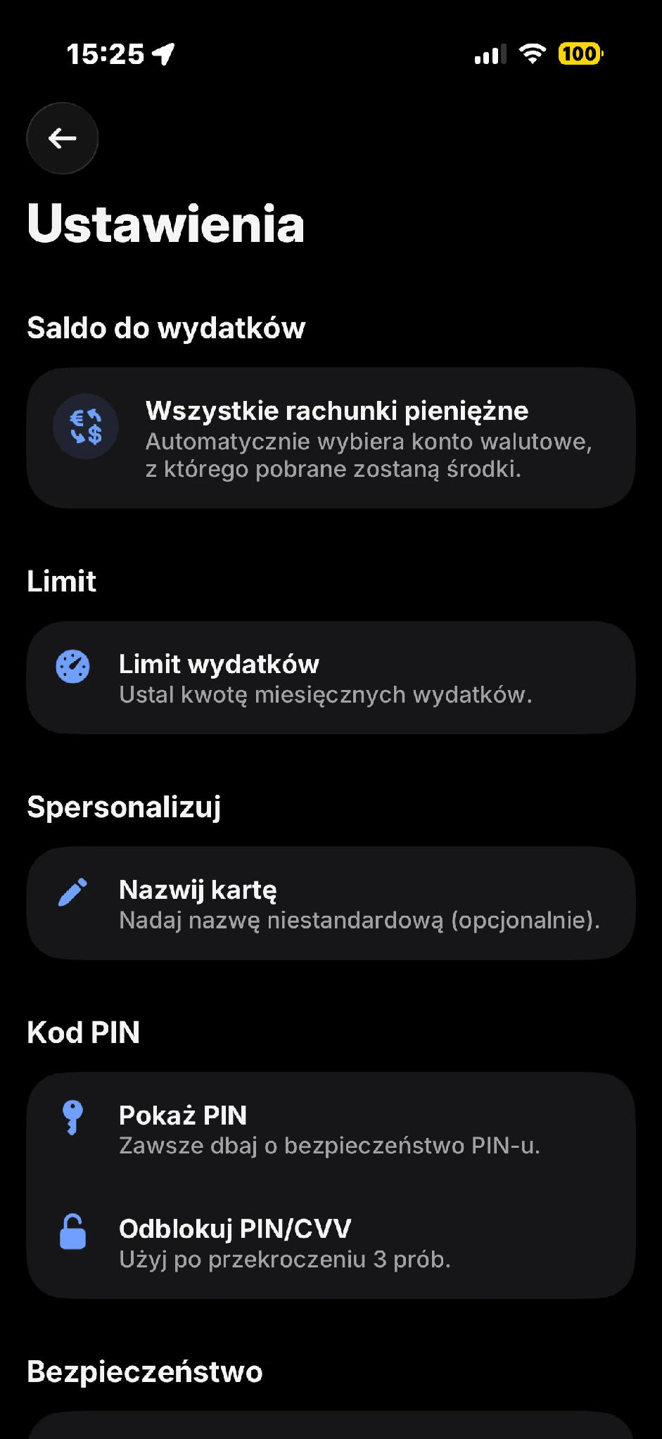 Ustawienia Klasycznej: saldo do wydatków, limit miesięczny, nazwa karty i odnośniki dotyczące PIN. Pierwszy fragment strony.
