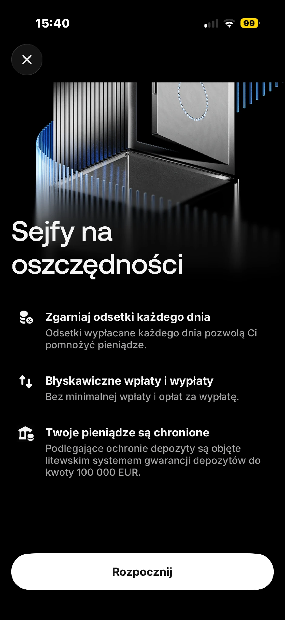 Sejfy na oszczędności: informacje o odsetkach, wpłatach, wypłatach i ochronie depozytów; przycisk Rozpocznij.