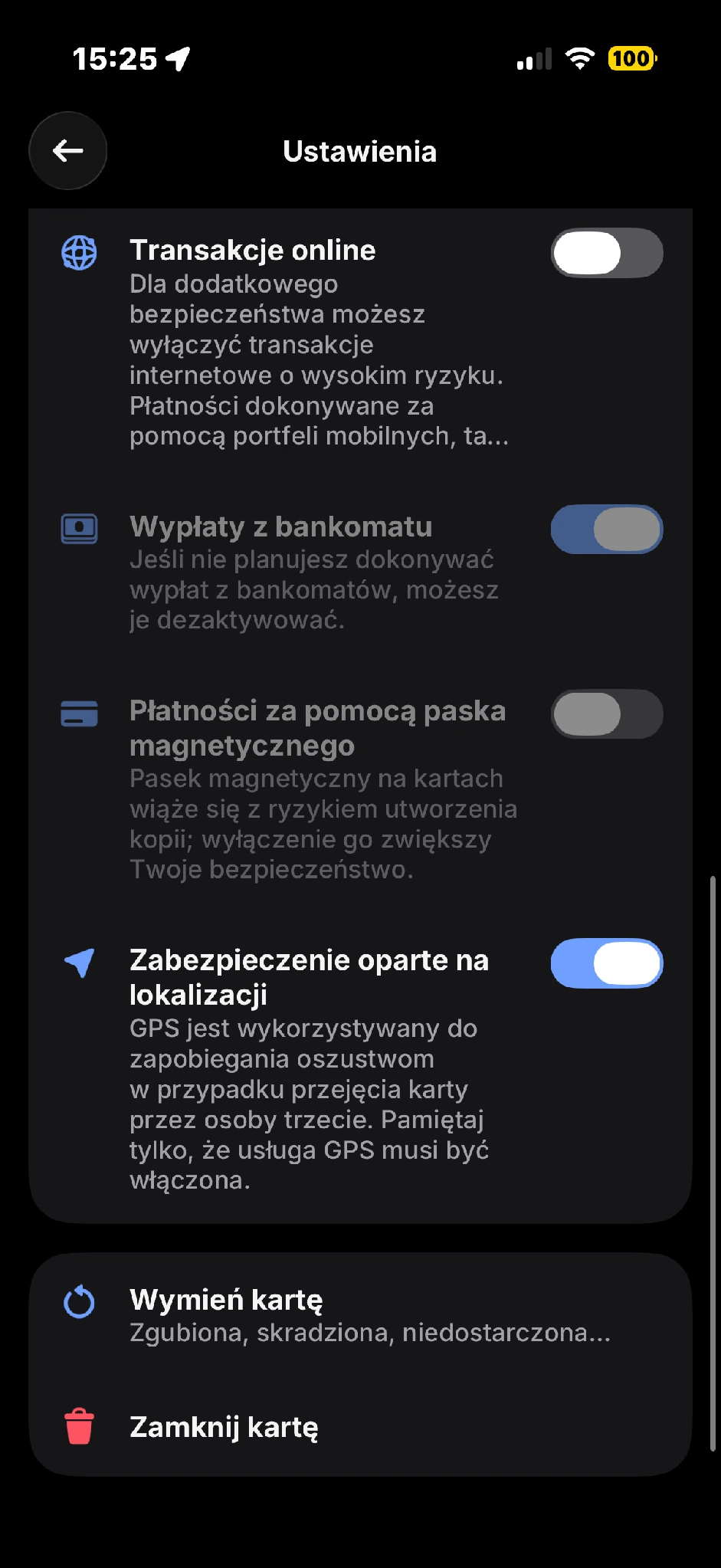 Dolna część ustawień Klasycznej: pełny opis zabezpieczenia opartego na lokalizacji oraz opcje Wymień kartę i Zamknij kartę. Nowa treść po przewinięciu, nie duplikat.