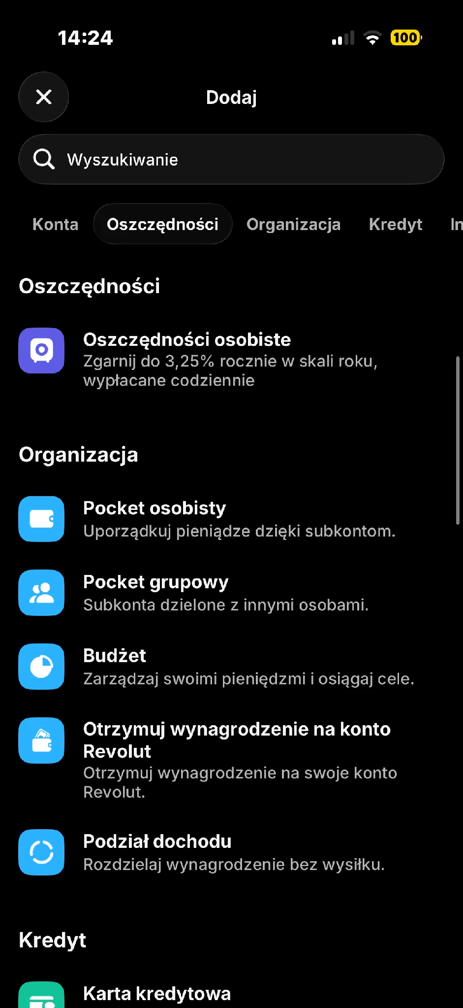 Menu Dodaj z wejściem do Pockets i budżetu.