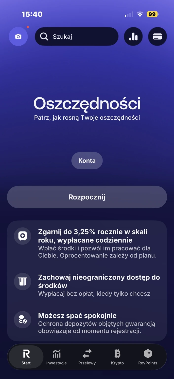 Ekran Oszczędności przed rozpoczęciem: ogólna prezentacja, przyciski Konta i Rozpocznij. Brak salda.