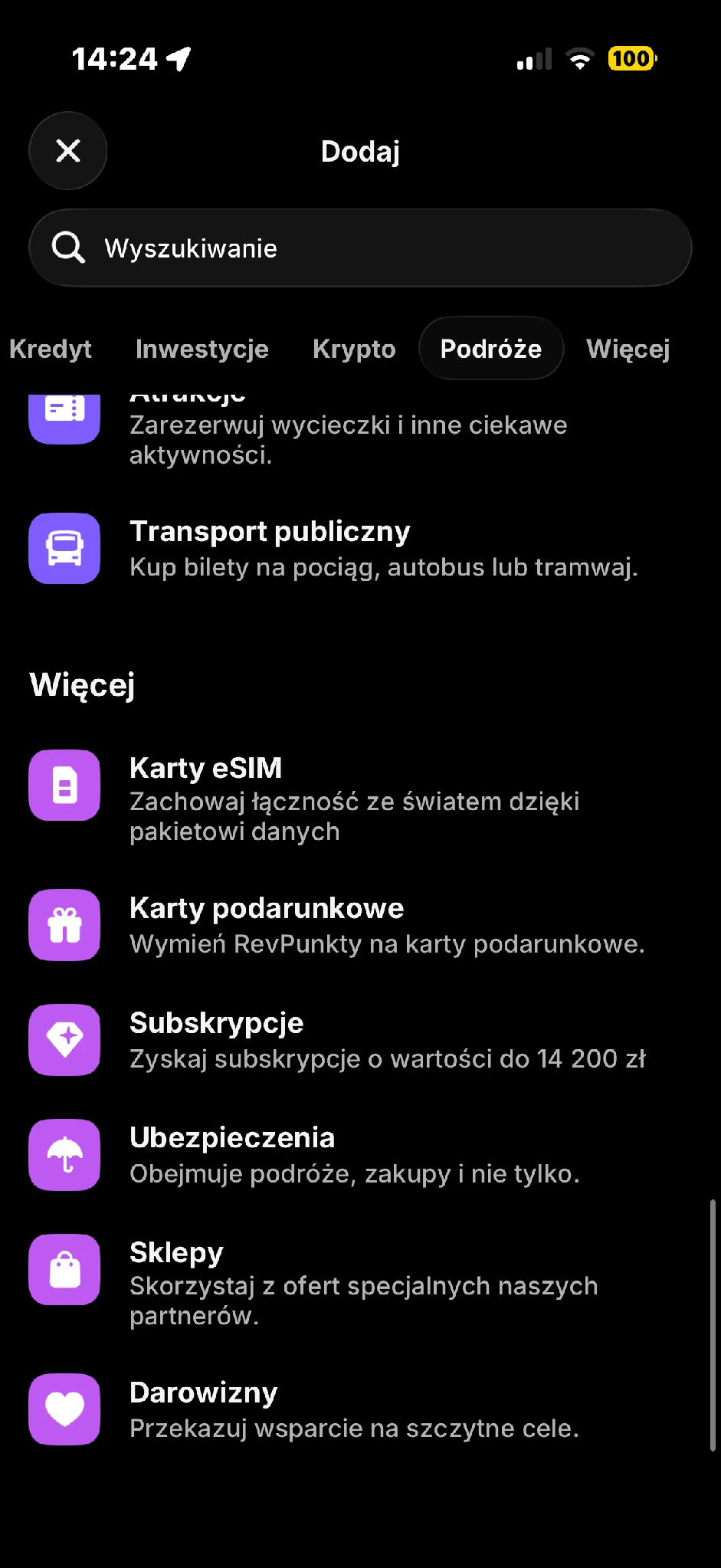 Część Więcej w katalogu Revolut z kartami podarunkowymi, subskrypcjami i ubezpieczeniami.