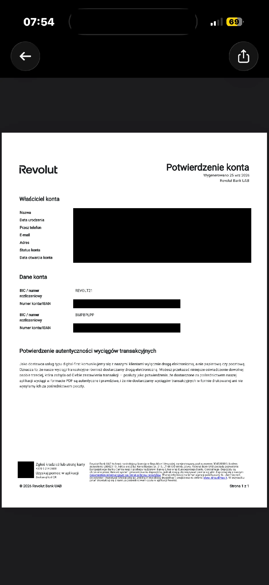 Podgląd potwierdzenia konta