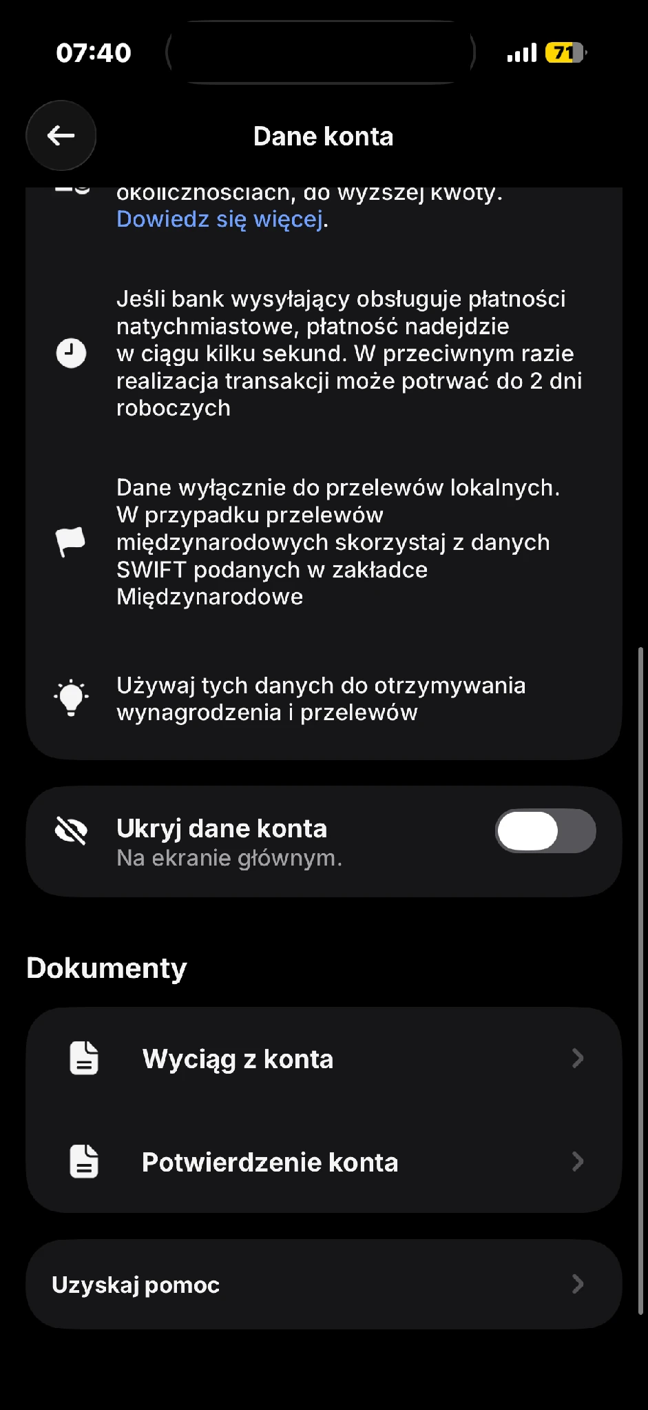 Dokumenty z poziomu danych rachunku