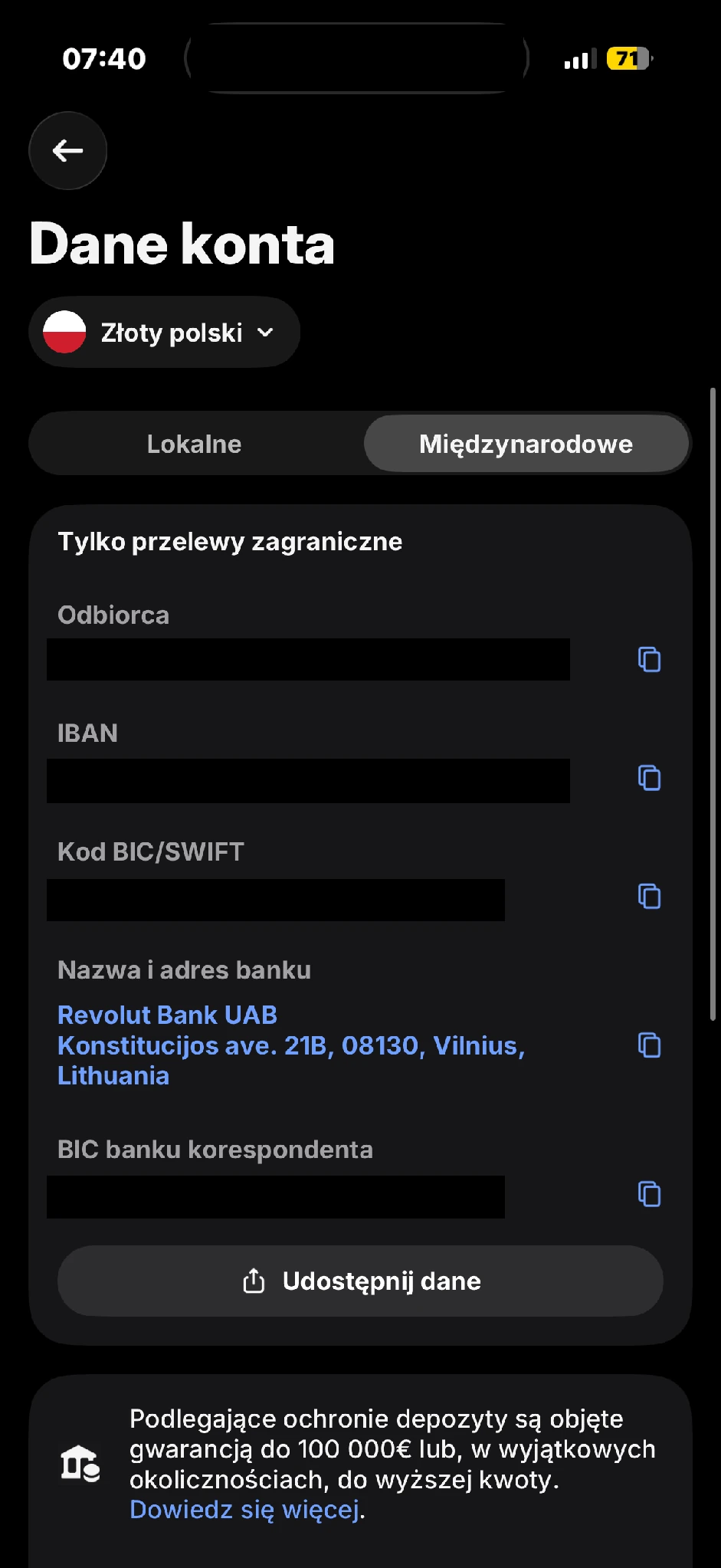Dane do przelewów międzynarodowych