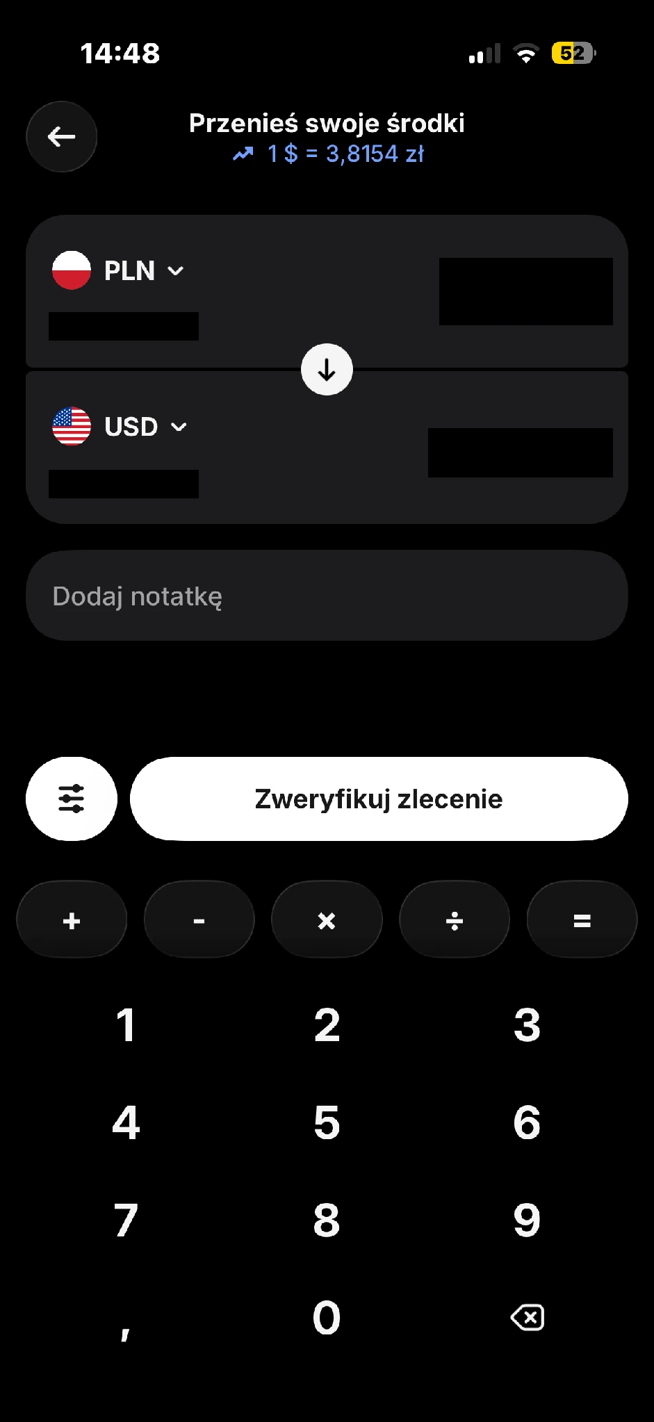 Formularz wymiany PLN na USD