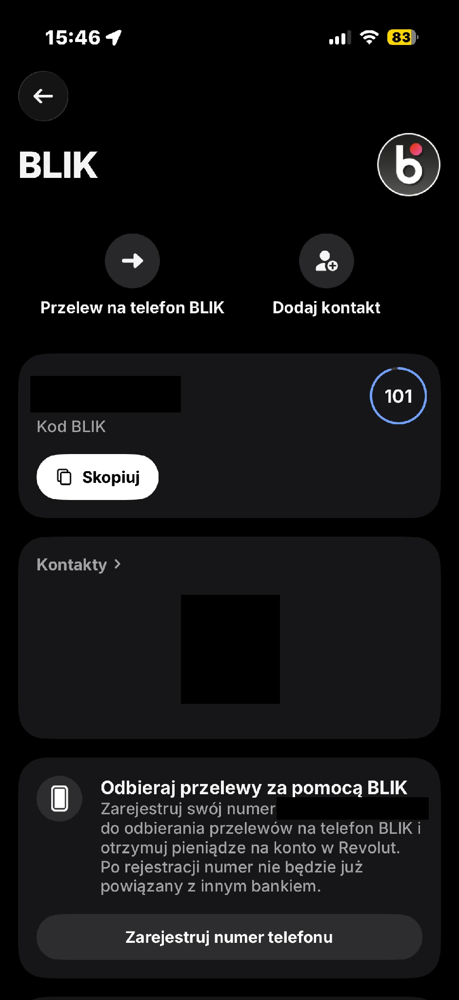 Ekran BLIK z zasłoniętym kodem i licznikiem czasu