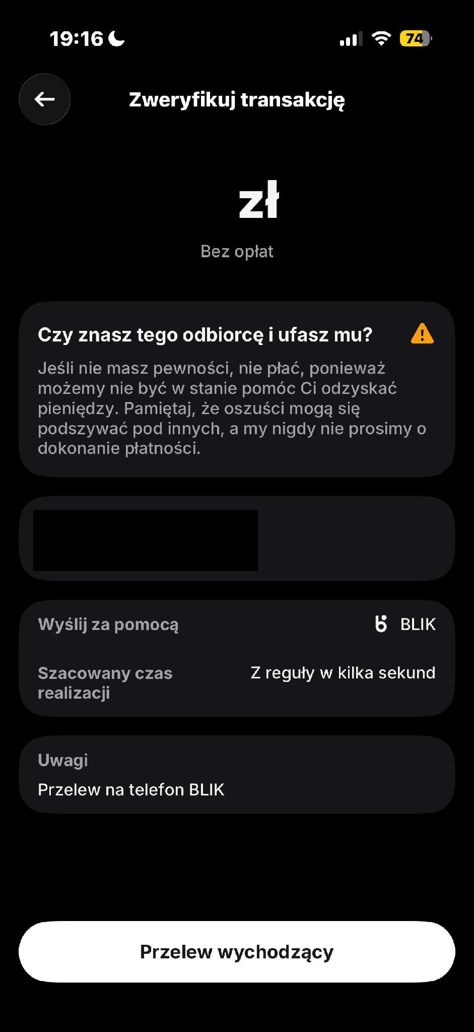 Podsumowanie przelewu pokazuje kwotę, odbiorcę i metodę BLIK