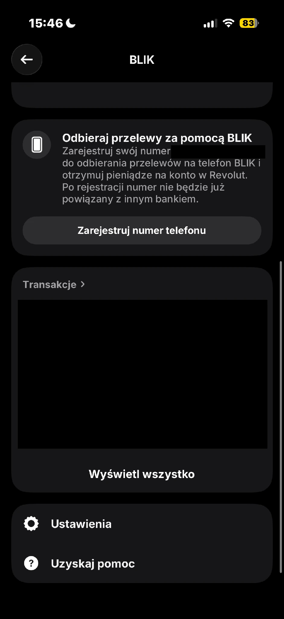 Opcja „Zarejestruj numer telefonu” oraz wejście do ustawień BLIKA