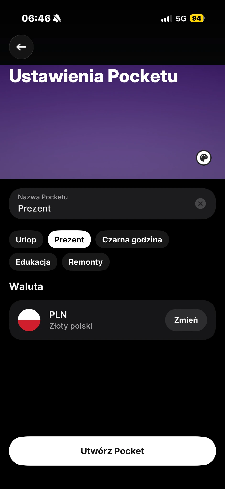 Tworzenie Pocket grupowego o nazwie „Prezent” w PLN.