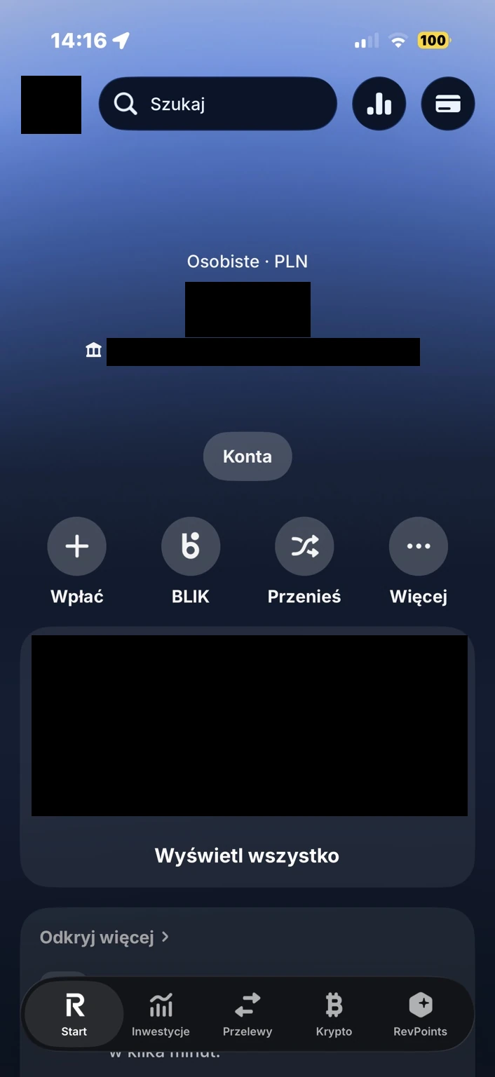 Przycisk „Konta” pod saldem otwiera listę rachunków i innych miejsc przechowywania pieniędzy.