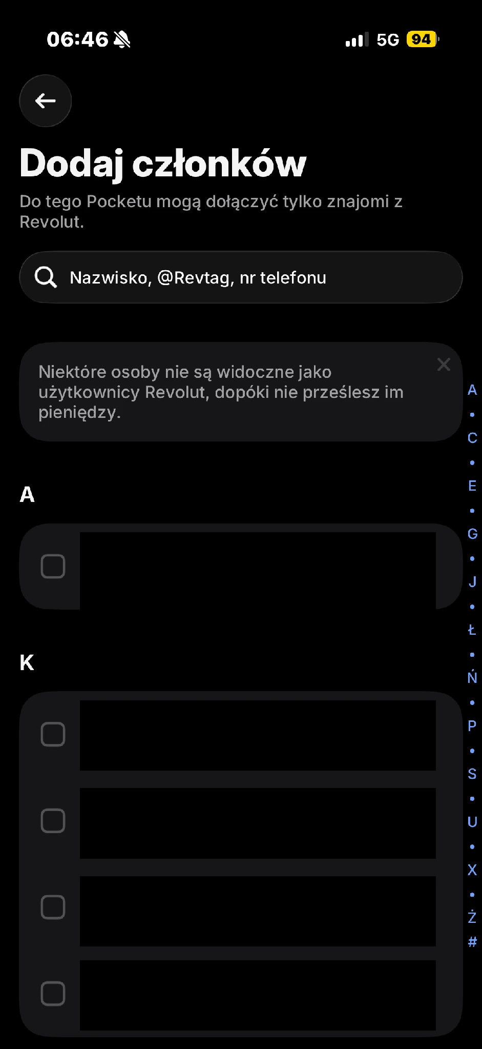 Ekran wyboru uczestników Pocket grupowego.