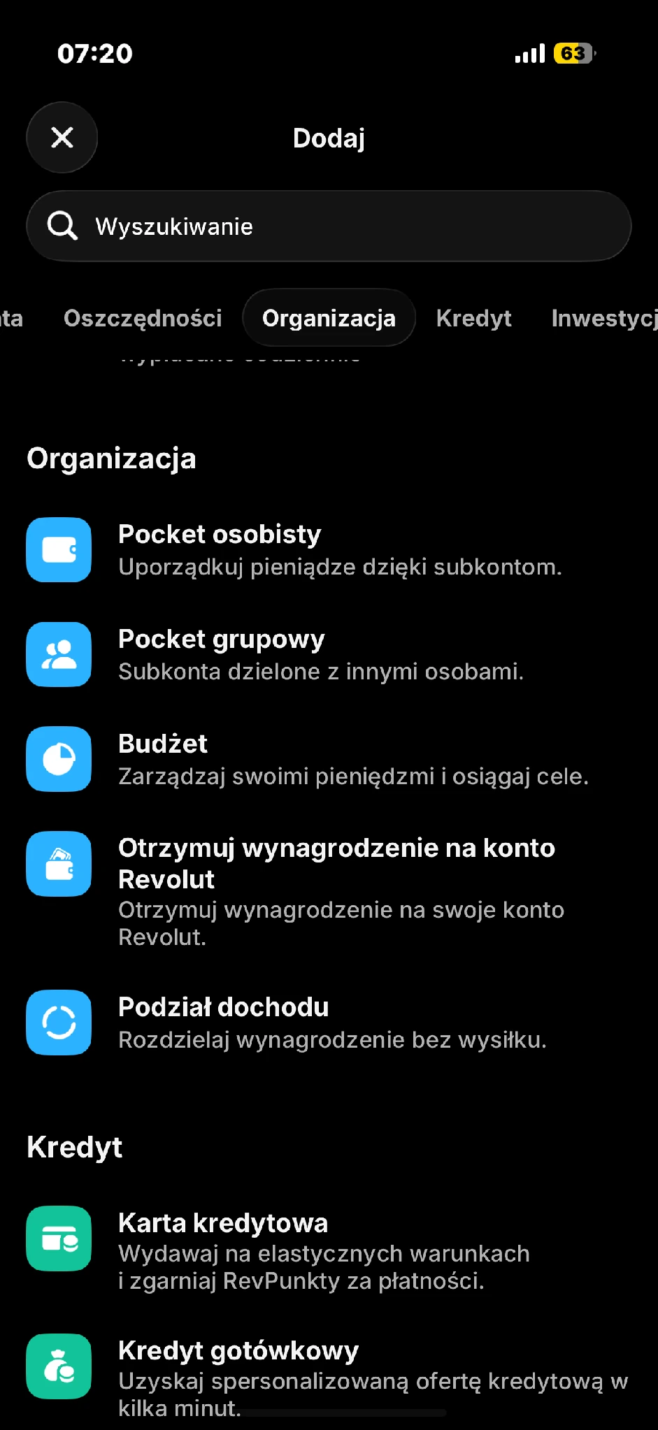 W kategorii „Organizacja” wybierasz Pocket osobisty albo grupowy.