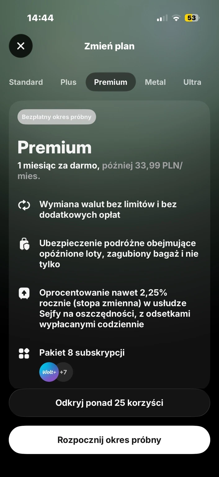 Oferta Premium pokazuje miesięczną cenę planu