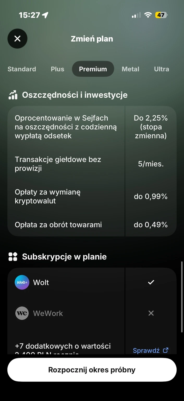 Wśród korzyści Premium pokazano 2,25% dla PLN i informację o zmiennej stawce.