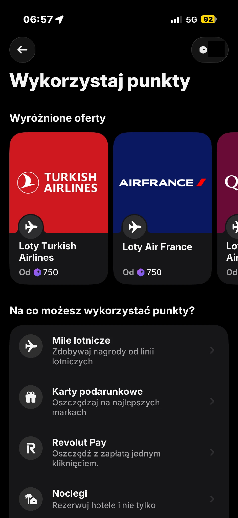 Ekran wymiany pokazuje dostępne zastosowania punktów.