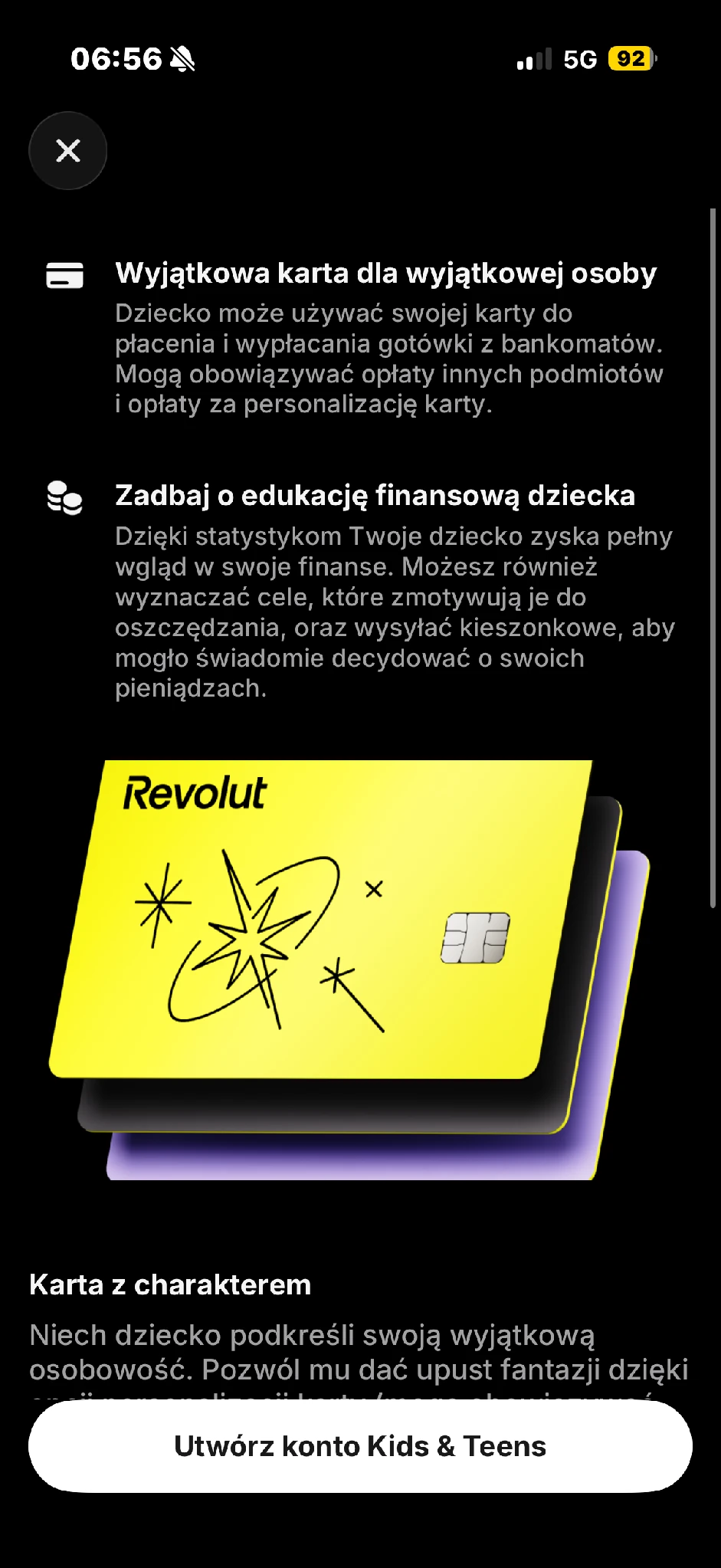 Ekran oferty przedstawia kartę i możliwości nauki zarządzania pieniędzmi.
