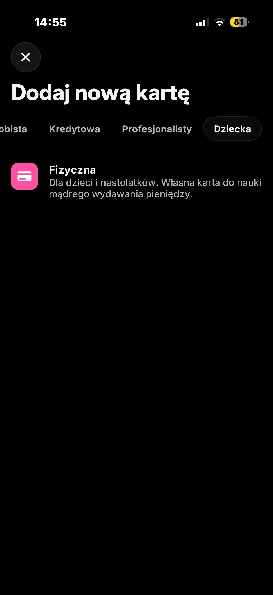 Zakładka Kids & Teens prowadzi do zamówienia karty fizycznej.
