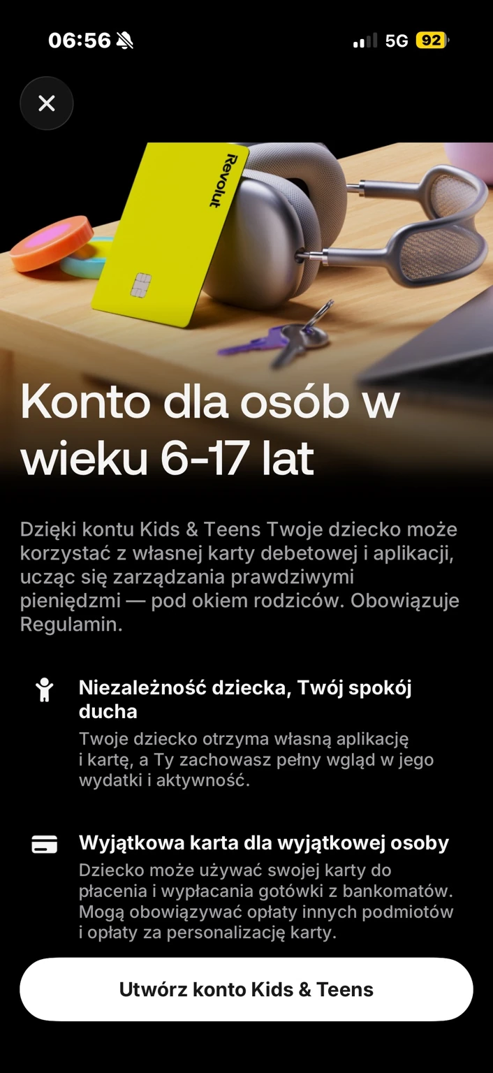 Przycisk na ekranie oferty rozpoczyna tworzenie konta dziecka.