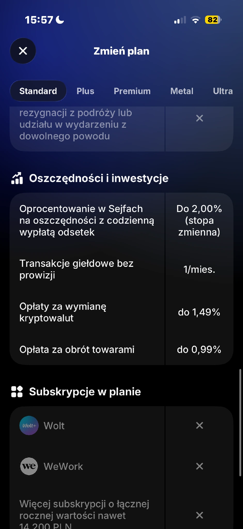 Rubryka Opłaty za wymianę kryptowalut przedstawia ofertę planu