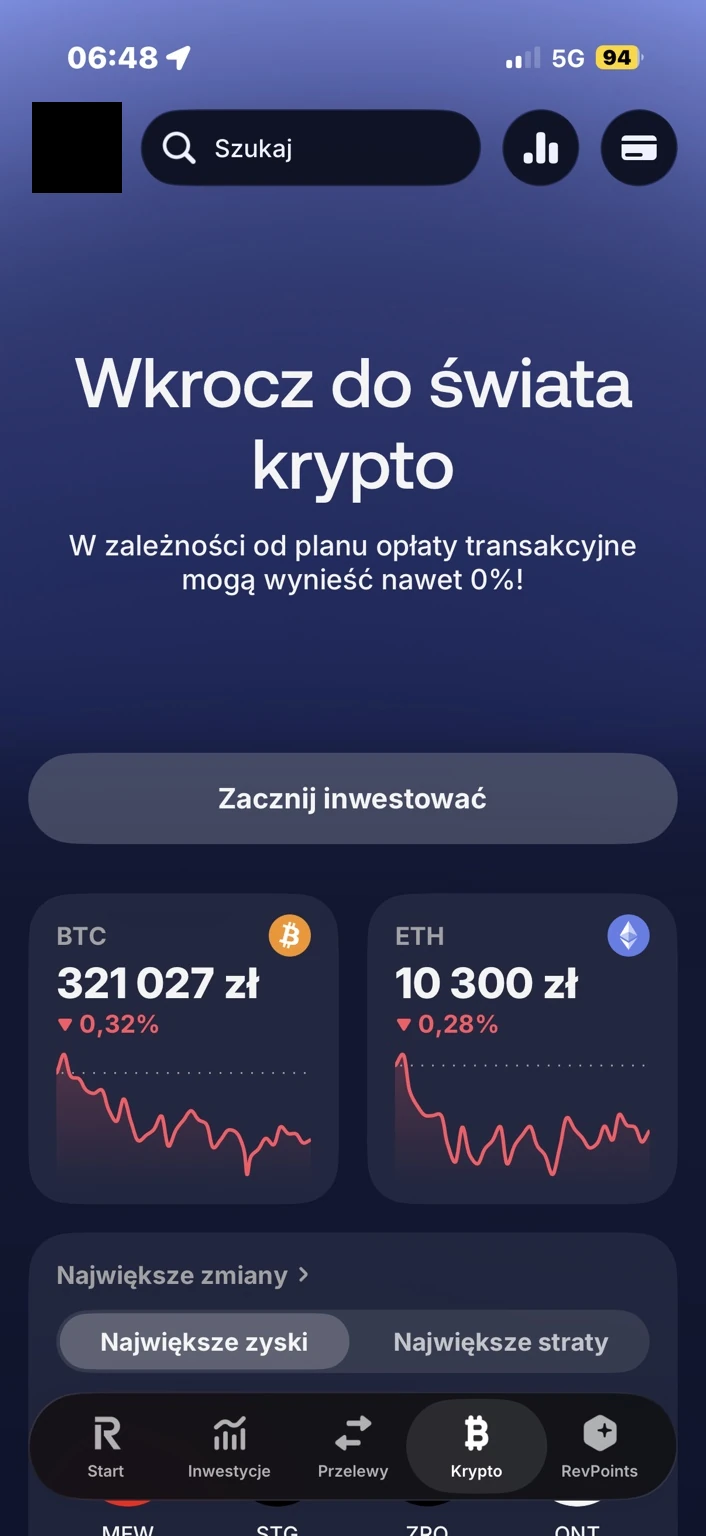 Widok początkowy prowadzi do oferty i listy kryptowalut
