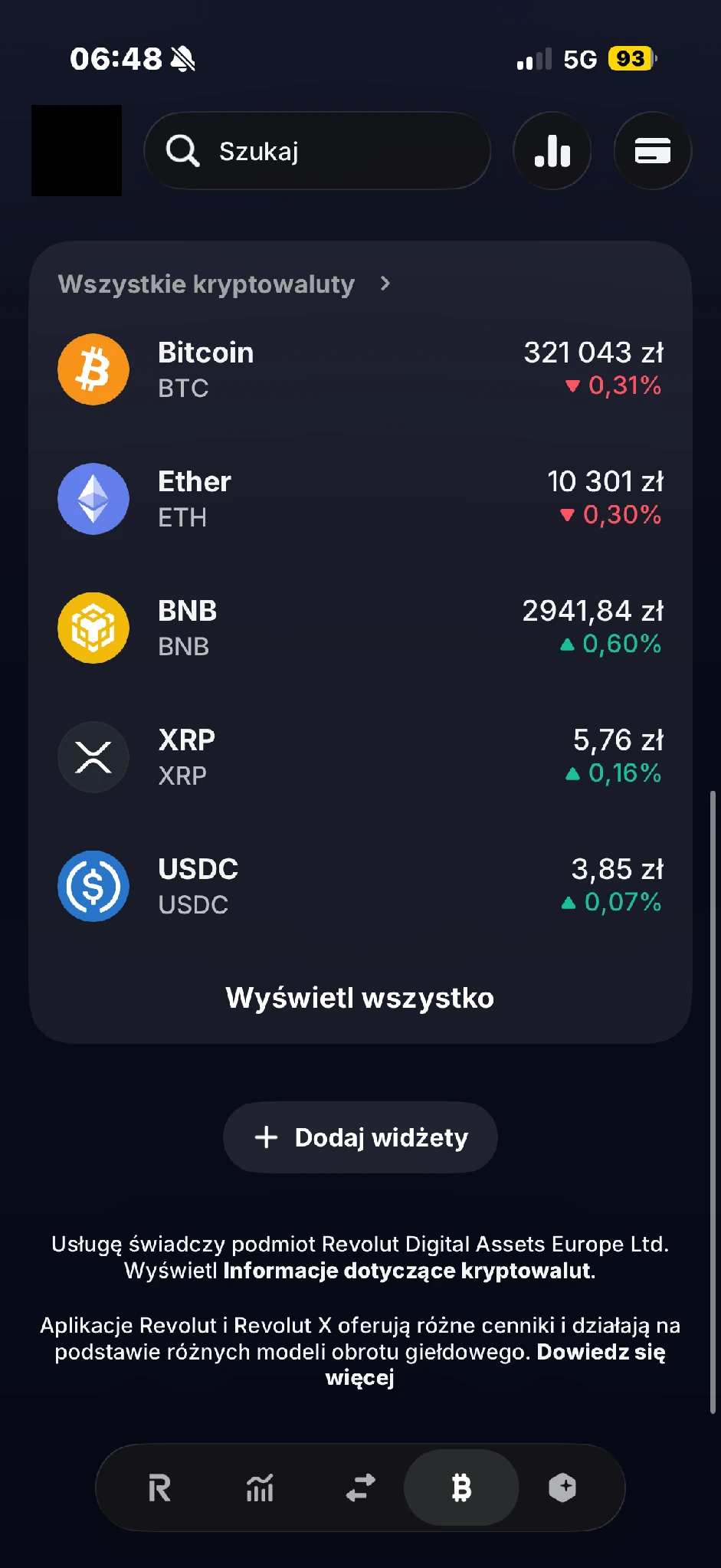 Na liście Wszystkie kryptowaluty można wyszukać aktywo
