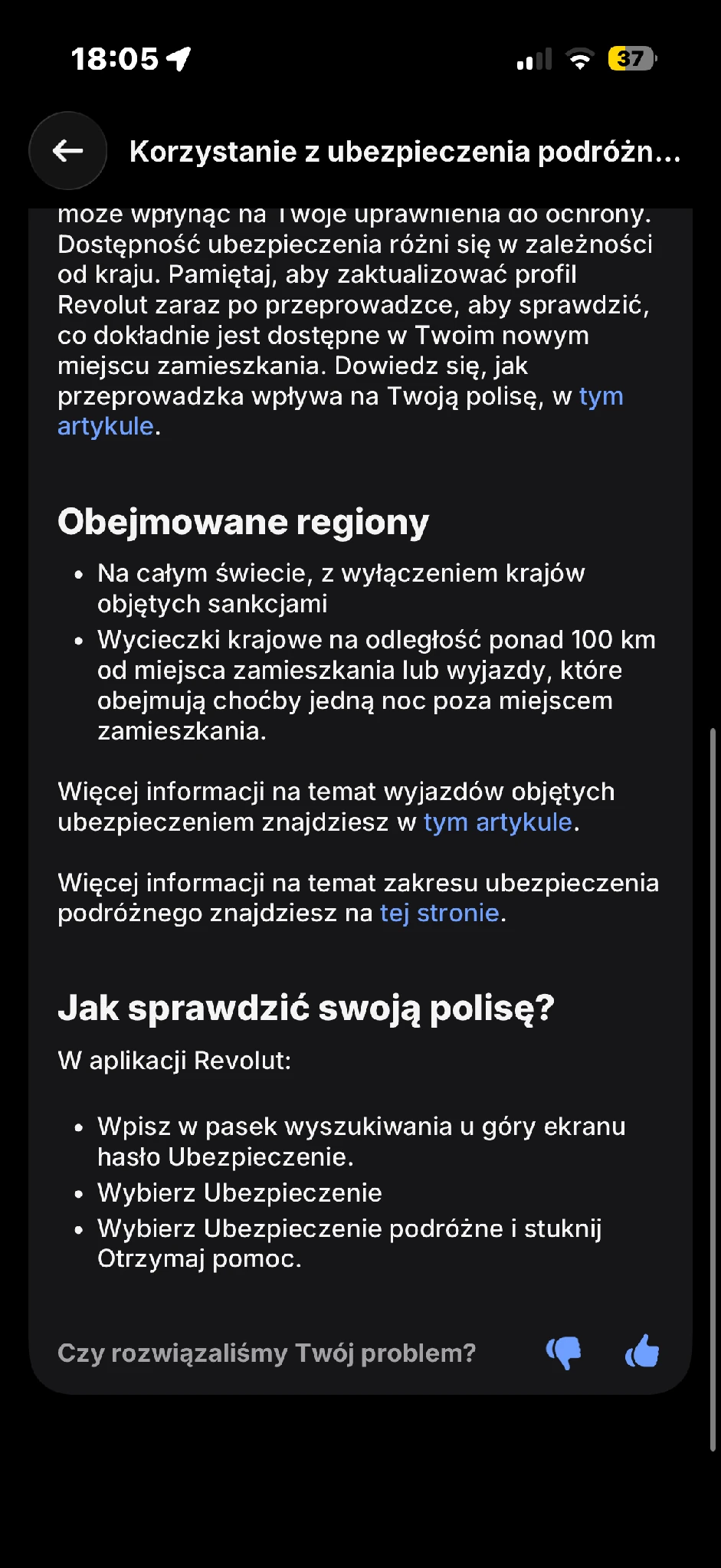 Z sekcji wsparcia przejdziesz do pomocy w sprawie ubezpieczenia