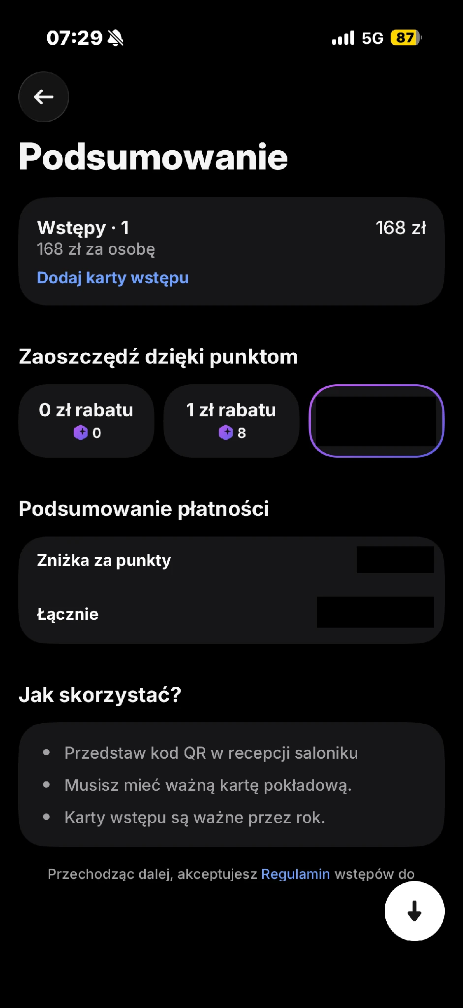 Podsumowanie przed zakupem pokazuje cenę 168 zł w tej konkretnej ofercie