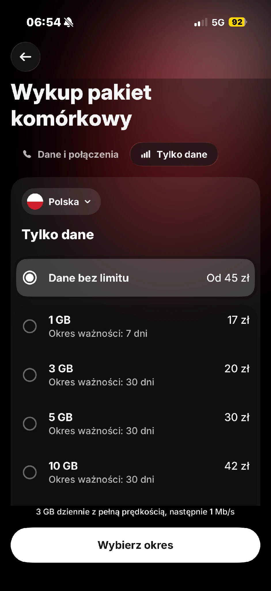 Oferta pakietów w zakładce Tylko dane