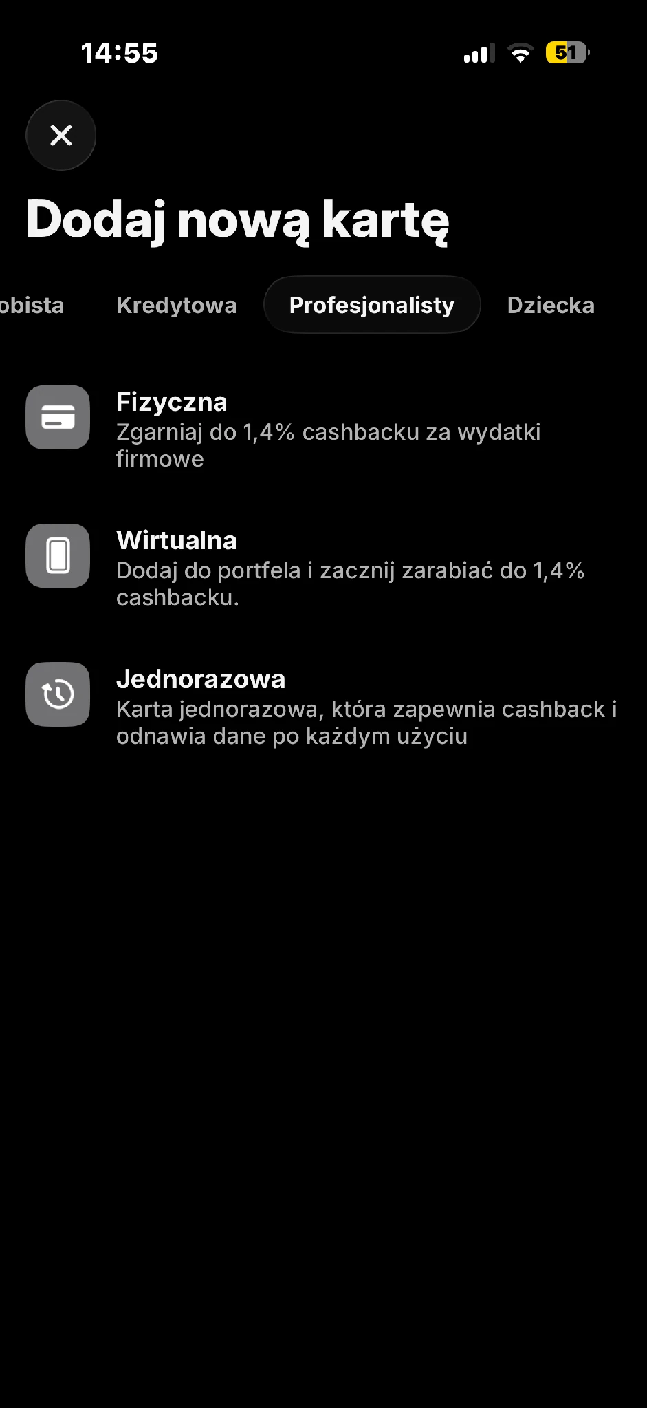 Zakładka Profesjonalne przedstawia warianty kart