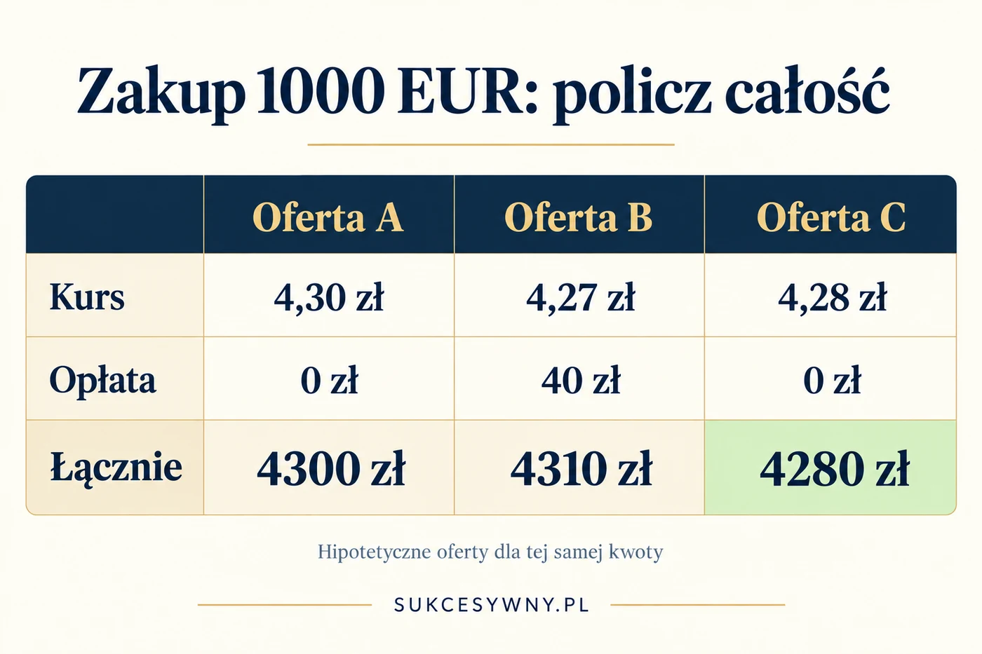 Porównanie zakupu 1000 EUR: oferta A kosztuje 4300 zł, B po doliczeniu opłaty 4310 zł, a C 4280 zł. Dane hipotetyczne.