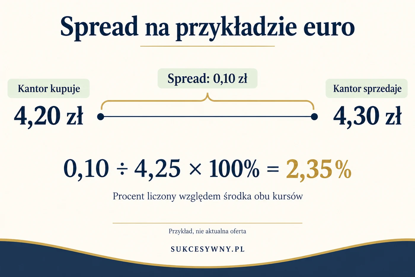 Przykład spreadu: kurs kupna 4,20 zł, sprzedaży 4,30 zł, różnica 0,10 zł i około 2,35% względem środka kursów 4,25 zł.