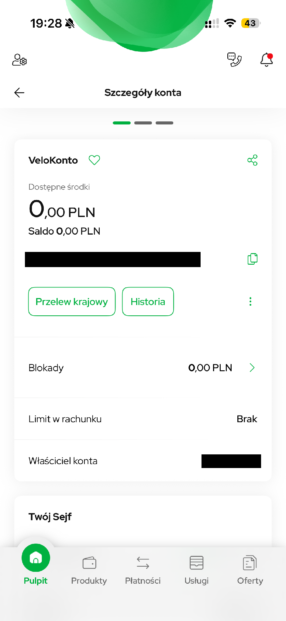 Szczegóły VeloKonta z saldem oraz wejściem do historii.