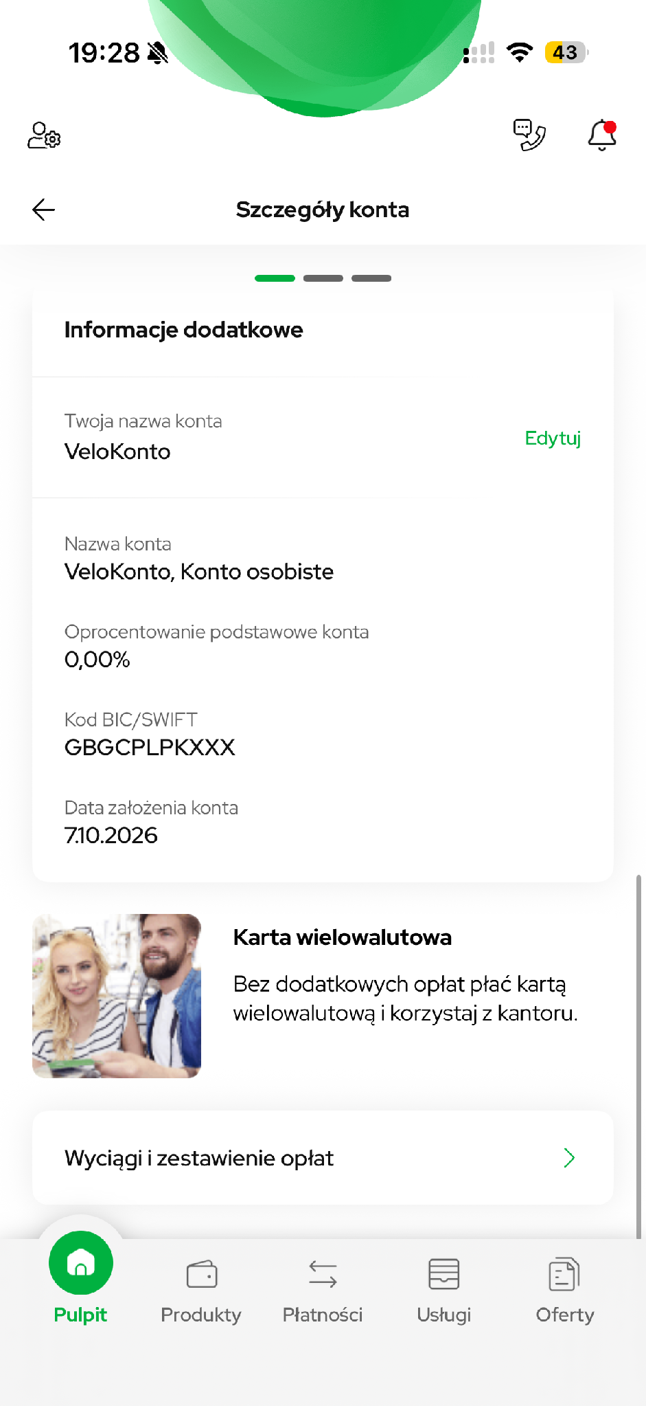 Nazwa produktu i wejście do wyciągów oraz zestawienia opłat.