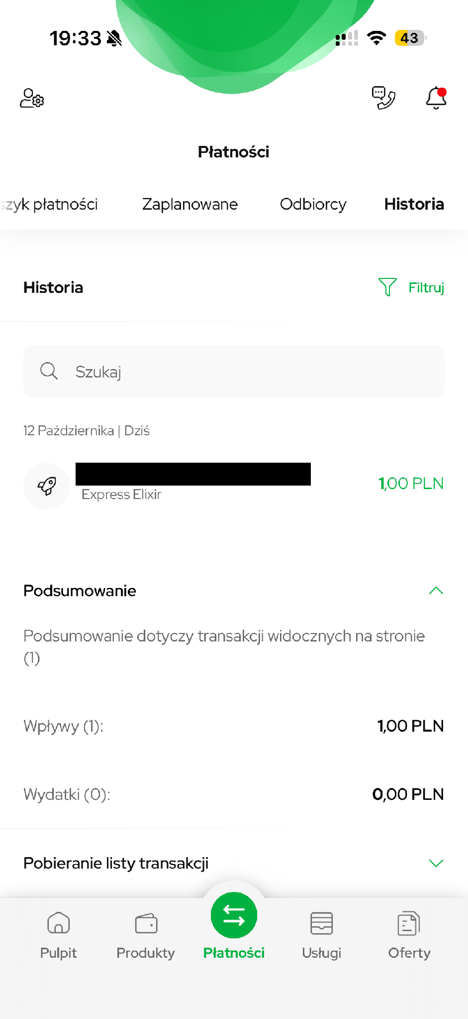 Wpływ Express Elixir 1 zł nie jest zakupem kartą ani BLIKIEM.