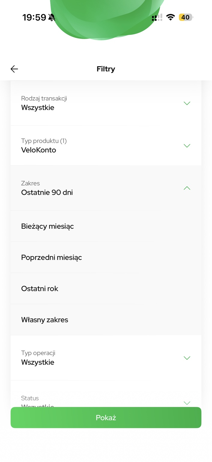Wybór okresu historii. Dostępny jest również „Poprzedni miesiąc”.