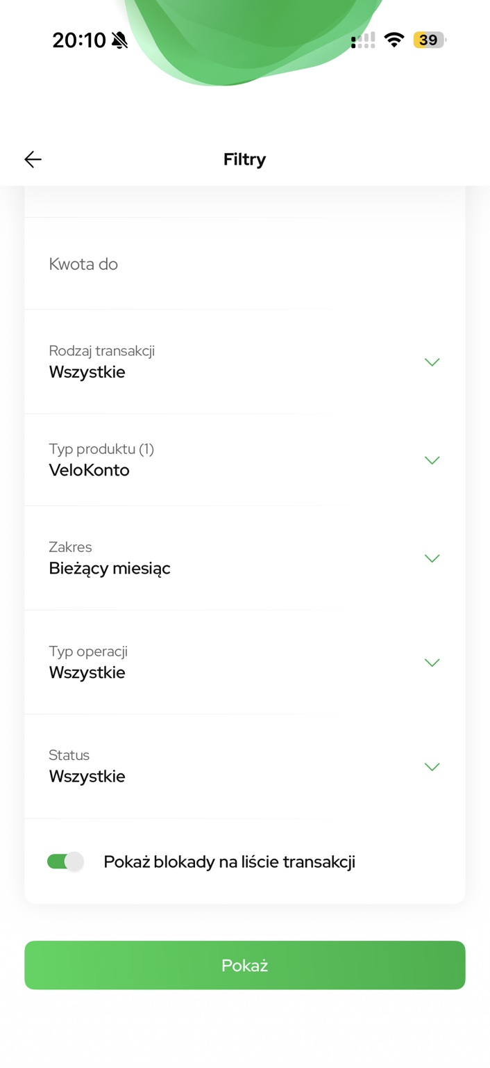Filtr dla VeloKonta. Tutaj ustawiono bieżący miesiąc.