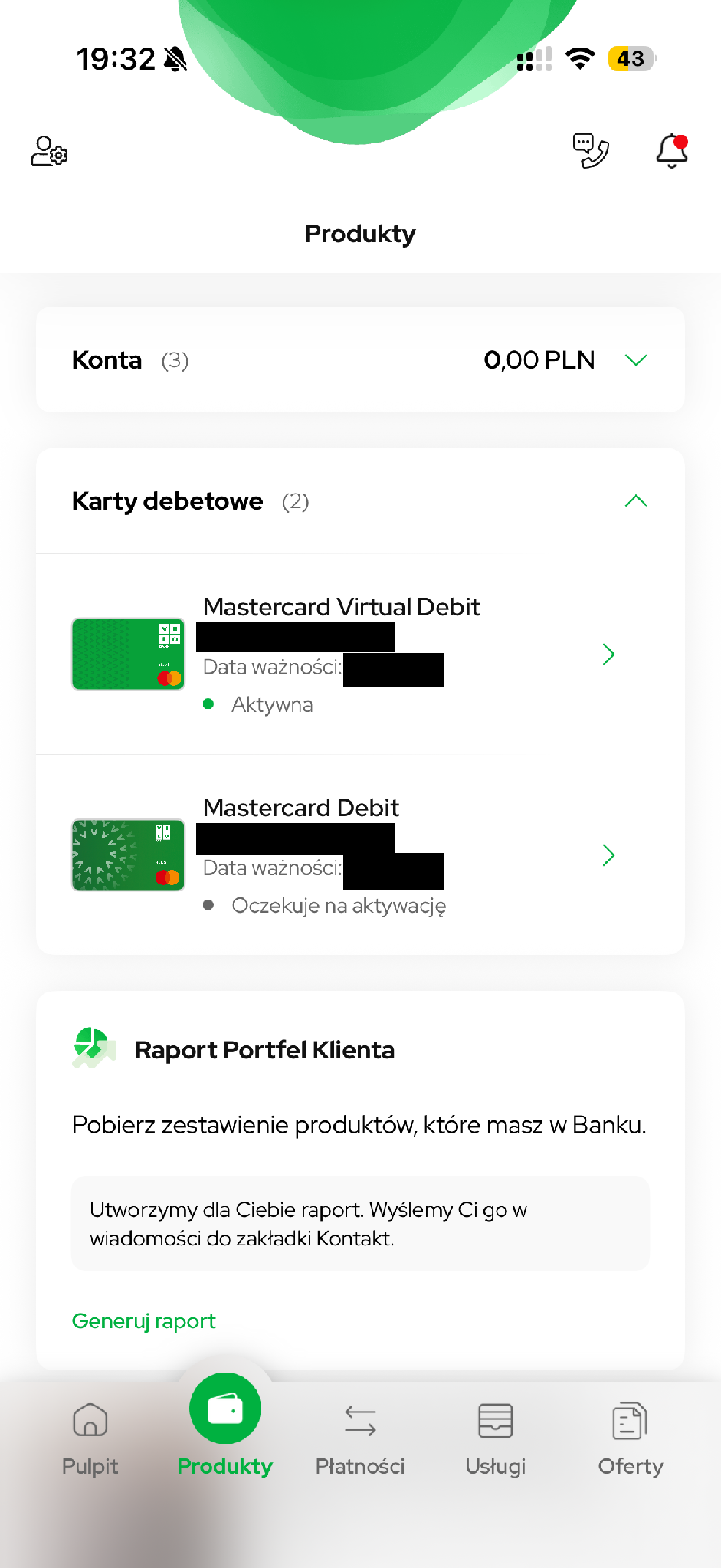 Osobne pozycje karty wirtualnej i fizycznej w zakładce „Produkty”.
