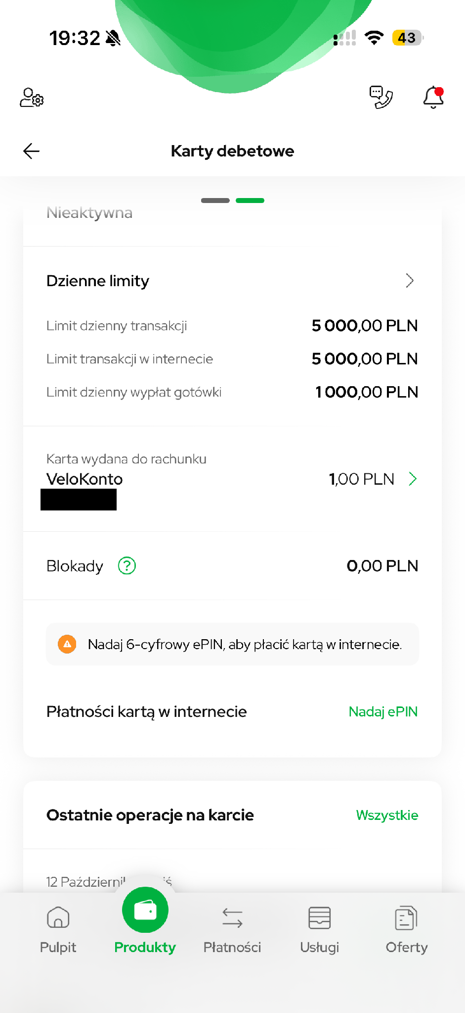 Limity karty oraz rachunek, z którym jest powiązana.
