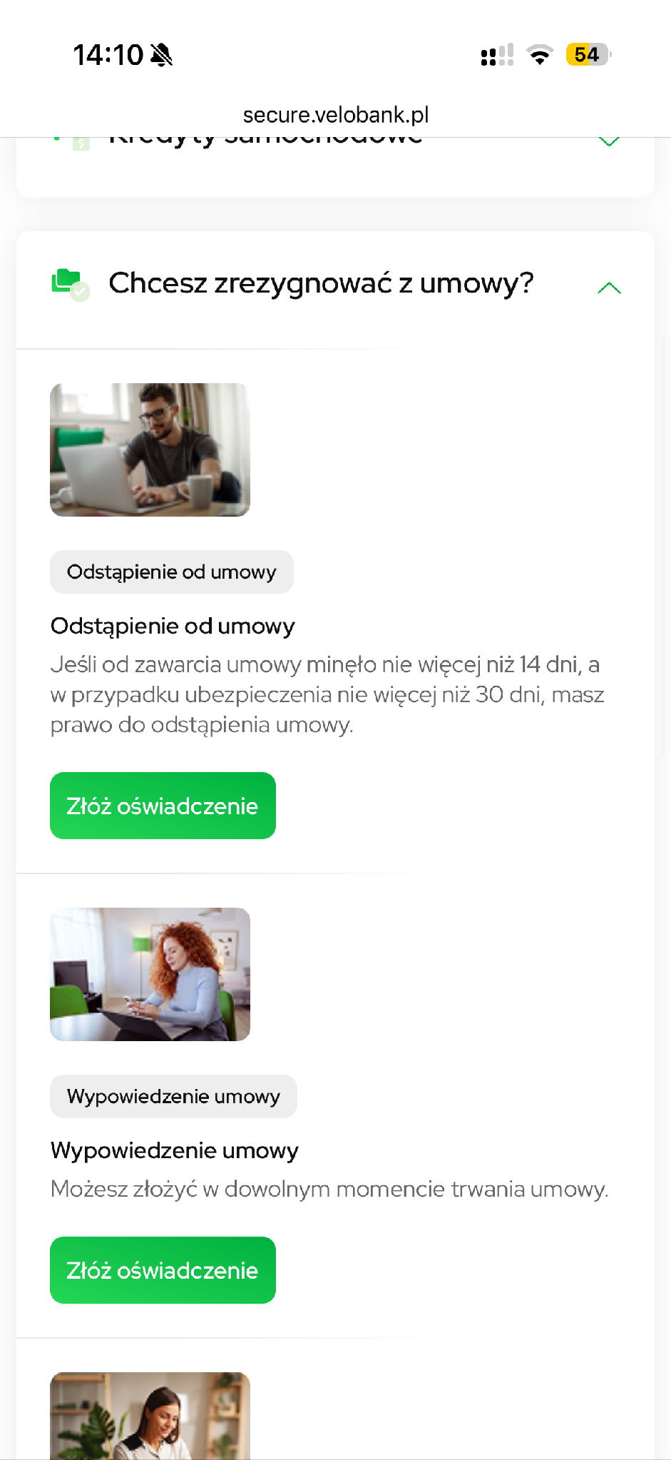 Wypowiedzenie i odstąpienie mają osobne kafelki.