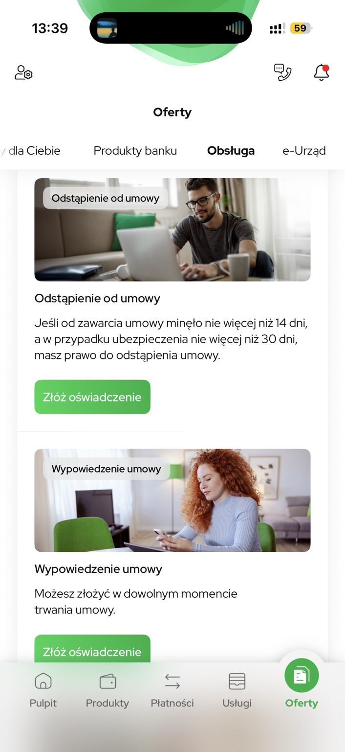W aplikacji wybierz „Złóż oświadczenie” przy wypowiedzeniu umowy.