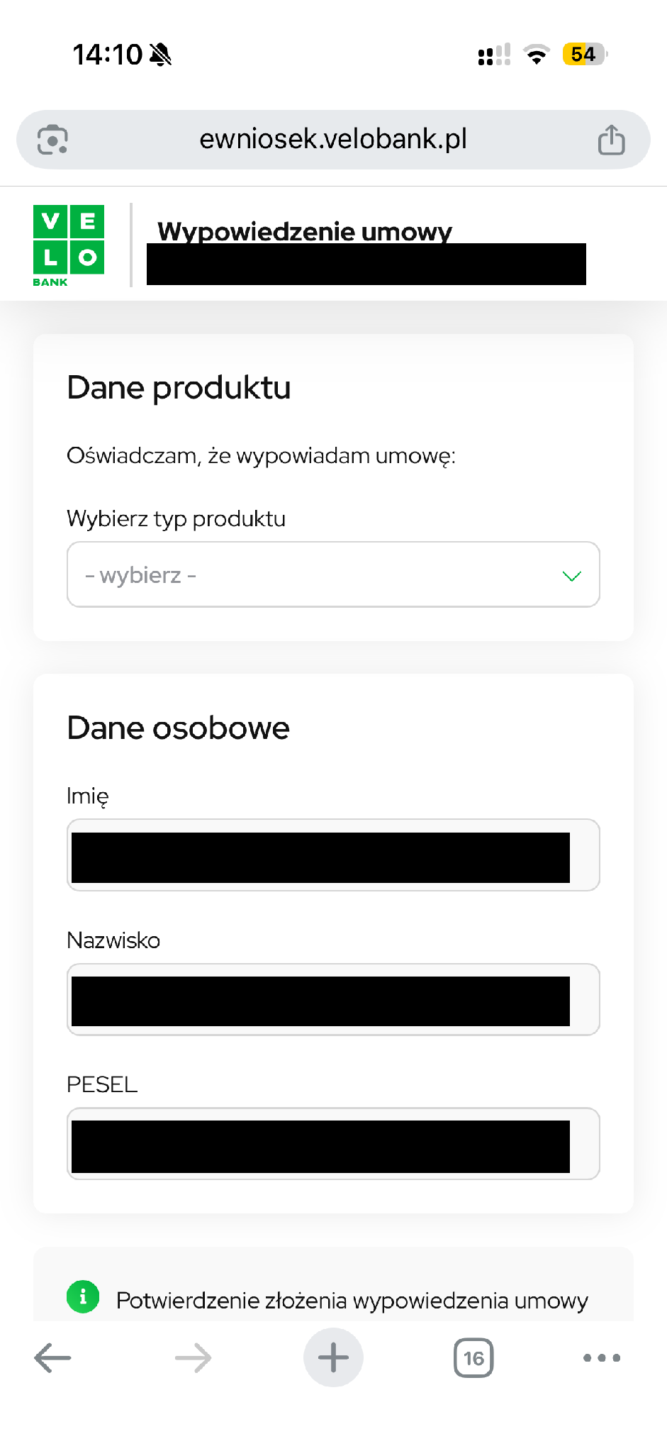 Formularz przed wysłaniem. Typ produktu nie został jeszcze wybrany.
