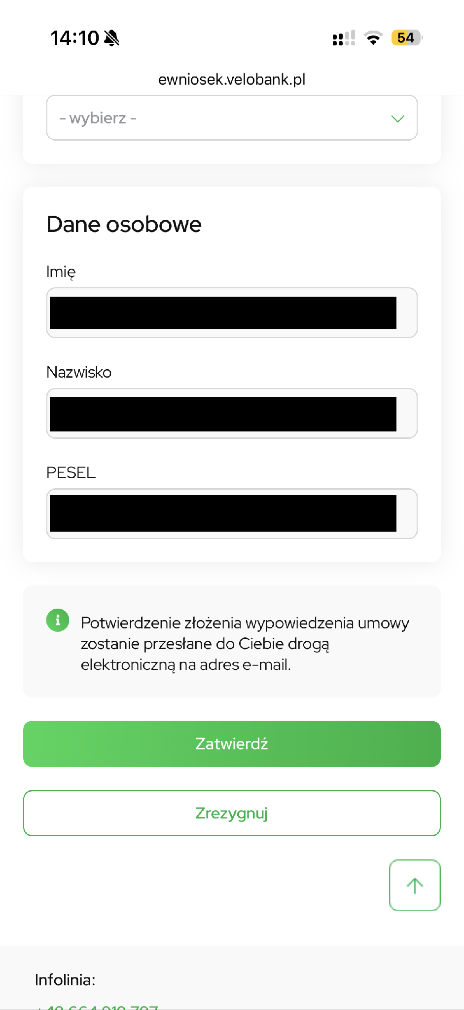 Zapowiedź potwierdzenia pocztą elektroniczną oraz przyciski formularza.