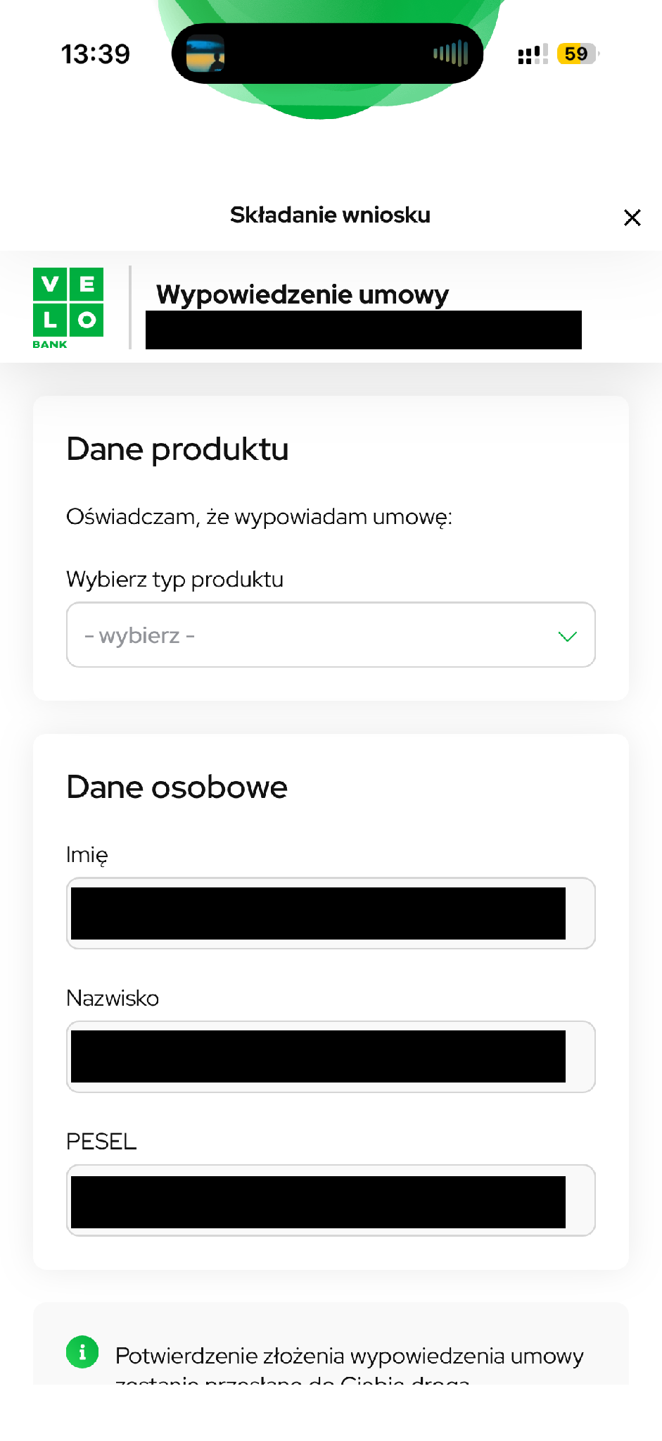 Ten sam wniosek otwarty z aplikacji. Dane klienta są zasłonięte.