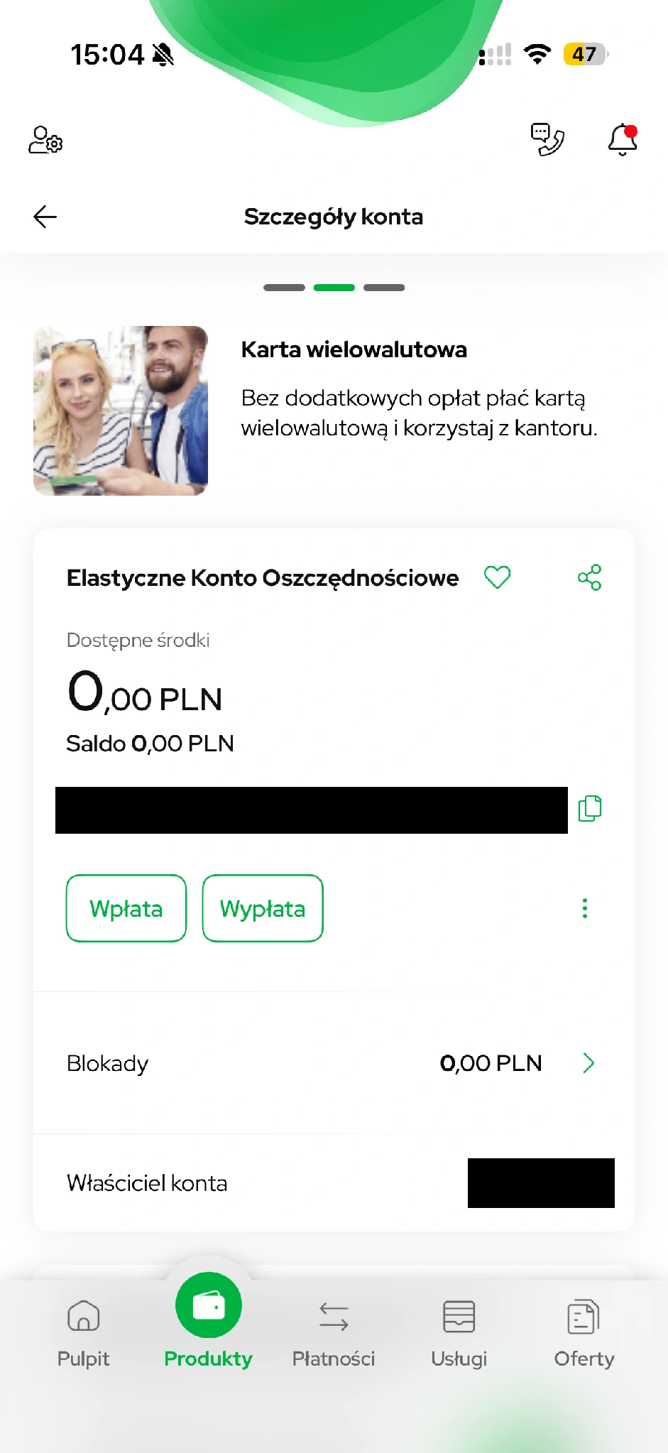 Szczegóły EKO z przyciskami wpłaty i wypłaty.