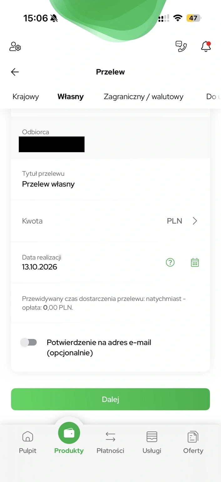 Formularz przelewu własnego przed wpisaniem kwoty i zatwierdzeniem.