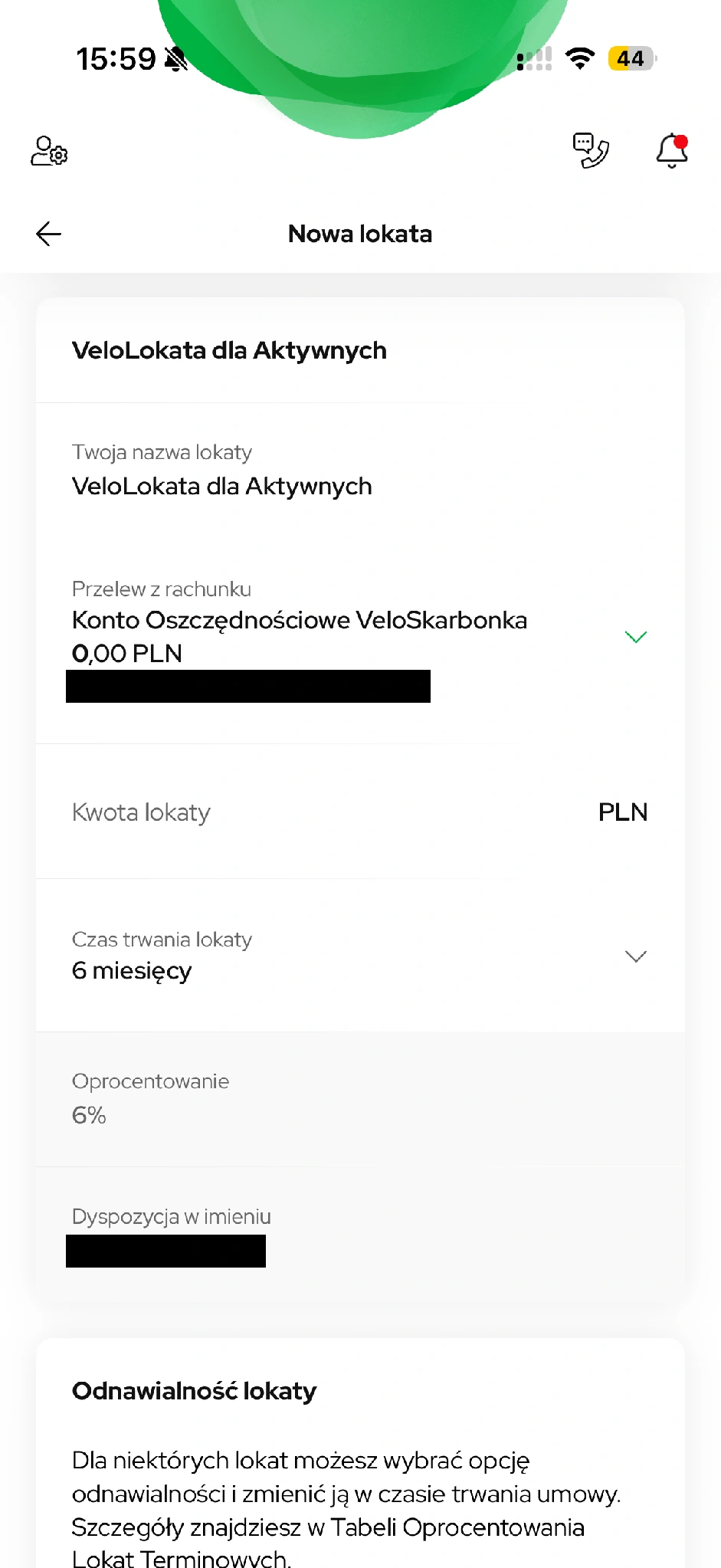 Formularz lokaty przed wpisaniem kwoty i zawarciem umowy.